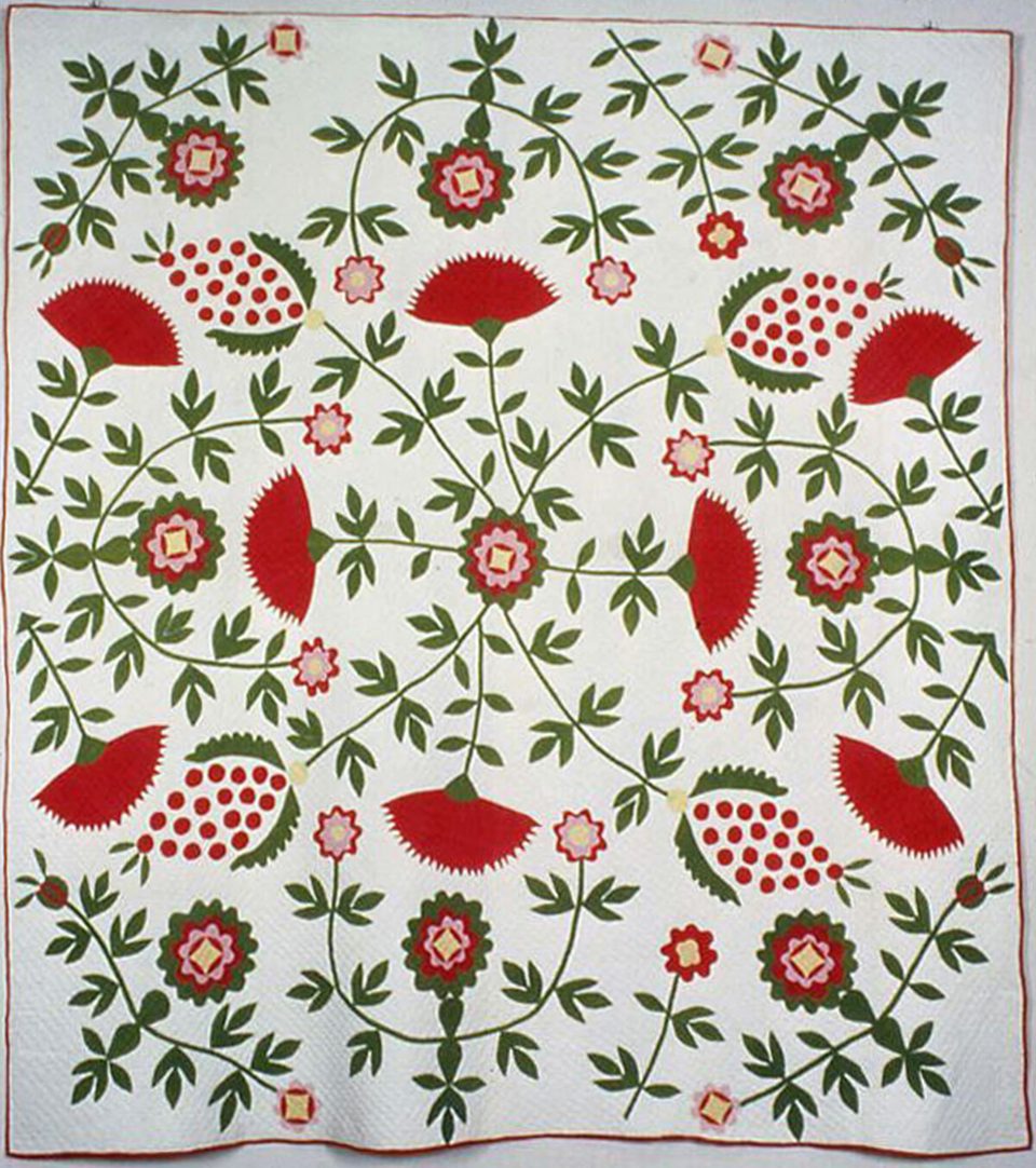 "Cockscomb, Rose Tree, and Pineapple" Quilt by Unknown maker, American, appliqued printed cotton